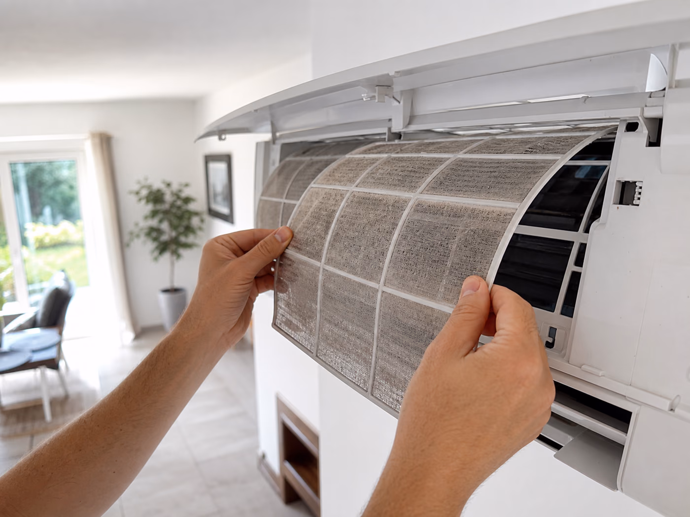 Nettoyage du filtre encrassé d'une climatisation murale avant l'été